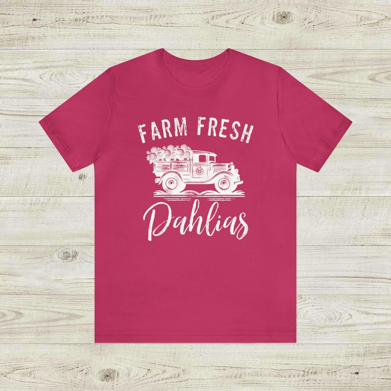 Farm Fresh Dahlias Unisex Jersey Short Sleeve Tee, Casual t shirt, spring summer garden vibes, Old Truck flower blossom delivery logo Berry