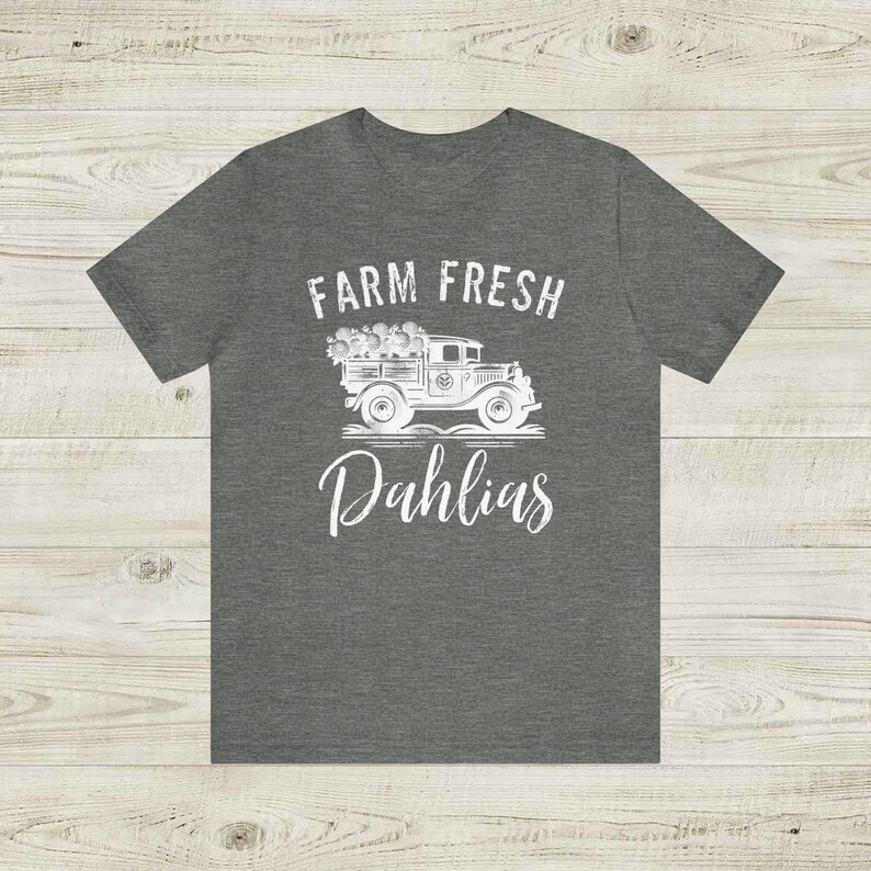 Farm Fresh Dahlias Unisex Jersey Short Sleeve Tee, Casual t shirt, spring summer garden vibes, Old Truck flower blossom delivery logo Deep Heather