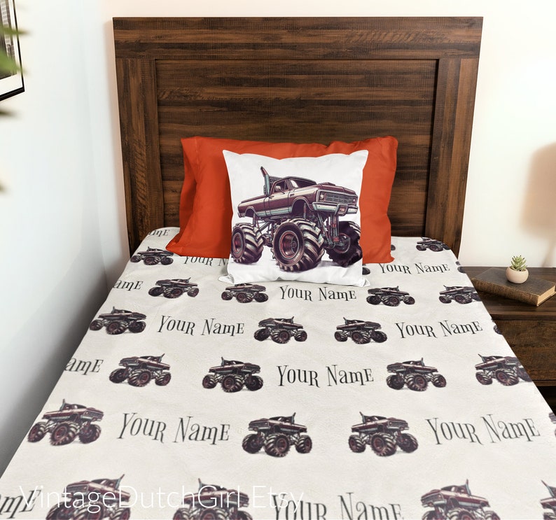Customized Name Monster Truck Velveteen Plush Blanket, Personalized Automobile loving present, gift idea for kids, adults, baby, loves cars image 1