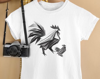 Origami Chicken Tee, Womens Fit Rooster and Chick tshirt, modern monochromatic art style, gray scale japanese paper art graphic