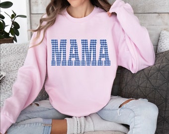 Blue White Gingham MAMA Sweatshirt, Plaid Unisex Long Sleeve top, Casual top with spring summer theme, picnic blanket fabric, Mom gift idea