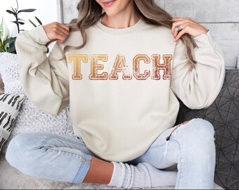 Teach Unisex Crewneck Sweatshirt, Gradient big letters, teacher gift, shirt for instructors, muted earth tones colors, dusky peach