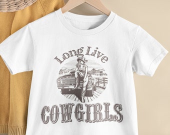 Long Live Cowgirls Kids tee, Unisex fit shirt trendy, Faded print Cowboy hat, boots, jeans, country western girl, rodeo style youth top