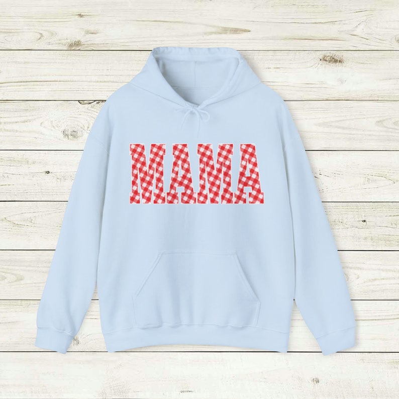 Red and White Gingham Mama Hoody, Unisex Sweatshirt Hoodie, Casual plaid words Big Bubble letters, spring summer vibes, picnic blanket image 9