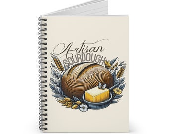 Artisan Sourdough Spiral Notebook - Ruled Line, scored loaf bread, butter stick knife, wheat, butterflies decorative cover journal book