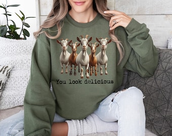 You Look Delicious Sweatshirt, Unisex Crewneck, Hungry barnyard farm goats, cute animals with big tooth smiles, charming and funny pet top