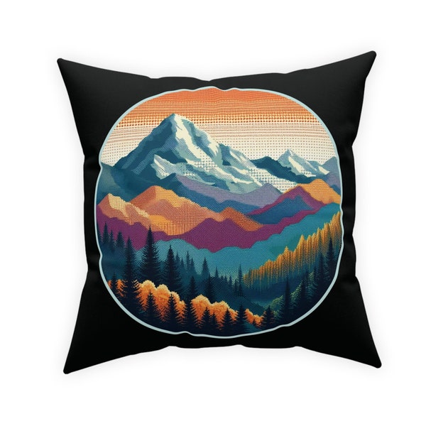 Free US shipping, Colorful Mountain Landscape Black Broadcloth Pillow and Insert Dot Style Art Magenta Burnt Umber Teal living room Accent