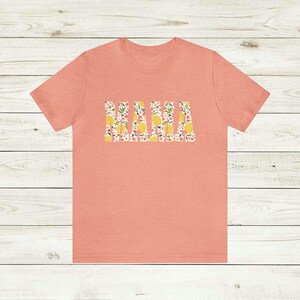 Lemon MAMA Unisex Jersey Short Sleeve Tee, Casual attire t shirt spring pattern letters, peach pink flowers, citrus & leaves, Mom gift idea Heather Sunset