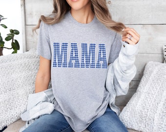 Blue White Gingham MAMA Unisex Jersey Short Sleeve Tee, Casual t shirt Plaid, spring summer vibes, picnic blanket fabric, Mom gift idea