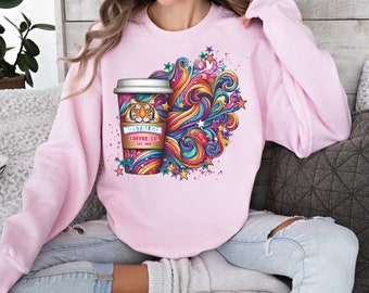 Nostalgia Coffee Co Unisex Heavy Blend Crewneck Sweatshirt, 90's Millennial Child, bright colorful Retro Rainbow art, Tiger and stars