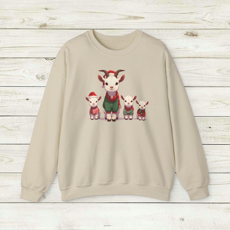 Merry Goats Unisex Crewneck Sweatshirt, Christmas party barnyard farm,hats and ugly christmas knit sweaters, cute animals winter themed image 5