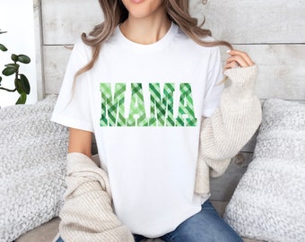 Green Plaid MAMA Unisex Jersey Short Sleeve Tee, Casual t shirt, spring summer vibes, picnic blanket fabric, St Patricks day theme apparel