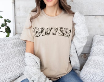 Coffee T shirt, Unisex jersey, Trendy Leopard print chic women's style, Big curved athletic style letters, comfy clothes, daily wear tee