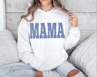 Blue and White Gingham Mama Hoody, Unisex Sweatshirt Hoodie, Casual top Plaid Big Bubble letters, spring summer vibes, picnic blanket fabric