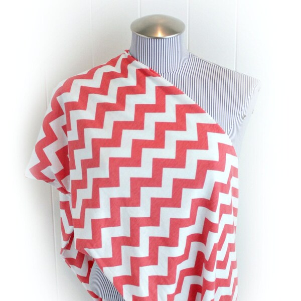 Chevron Infinity Nursing Scarf, Coral and White Chevron Breastfeeding Jersey Loop Scarf