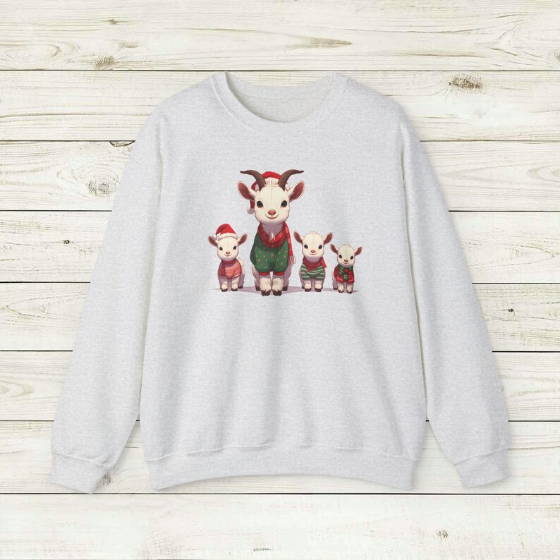 Merry Goats Unisex Crewneck Sweatshirt, Christmas party barnyard farm,hats and ugly christmas knit sweaters, cute animals winter themed image 2
