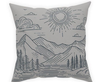 Free US shipping, Mountain Landscape Gray Broadcloth Pillow and Insert, modern style for living room, minimalistic art, classy style