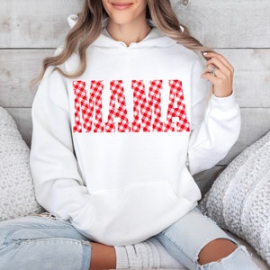 Red and White Gingham Mama Hoody, Unisex Sweatshirt Hoodie, Casual plaid words Big Bubble letters, spring summer vibes, picnic blanket image 3