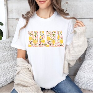 Lemon MAMA Unisex Jersey Short Sleeve Tee, Casual attire t shirt spring pattern letters, peach pink flowers, citrus & leaves, Mom gift idea White
