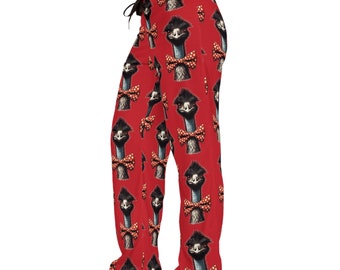Emu Women's Pajama Pants, Comfy jersey knit, Bowtie bird print comfy pj clothes, farmer barnyard animal lover, red festive emu, mom gift