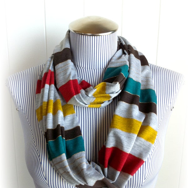 Last One, Jersey Knit Stripes Print Infinity Scarf, Casual Loop Cowl Scarf