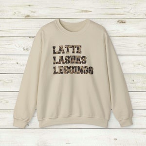 Latte Lashes Leggings Sweatshirt, Crewneck Unisex, Trendy Leopard print chic women's style, eyelashes coffee comfy clothes, daily wear tee Sand