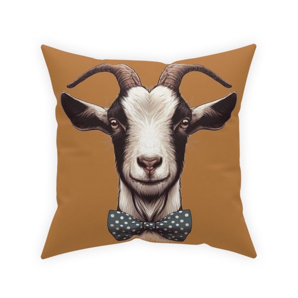 Free US shipping, Gilbert the GOAT tawny brown Broadcloth Pillow, Large Goat wearing polka dot bow tie, funny bedroom accent, farm theme