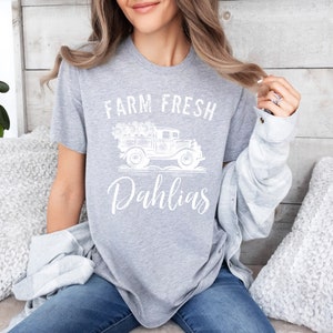 Farm Fresh Dahlias Unisex Jersey Short Sleeve Tee, Casual t shirt, spring summer garden vibes, Old Truck flower blossom delivery logo Solid Athletic Grey