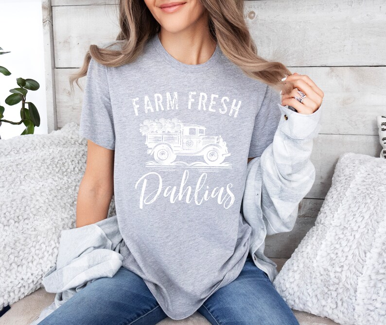 Farm Fresh Dahlias Unisex Jersey Short Sleeve Tee, Casual t shirt, spring summer garden vibes, Old Truck flower blossom delivery logo Solid Athletic Grey