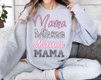 Mama Unisex Crewneck Sweatshirt, Mom retro 80's pattern white pink top, casual daily mom style, comfy everyday patterned, simple cozy style