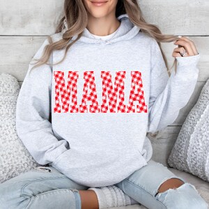 Red and White Gingham Mama Hoody, Unisex Sweatshirt Hoodie, Casual plaid words Big Bubble letters, spring summer vibes, picnic blanket image 2