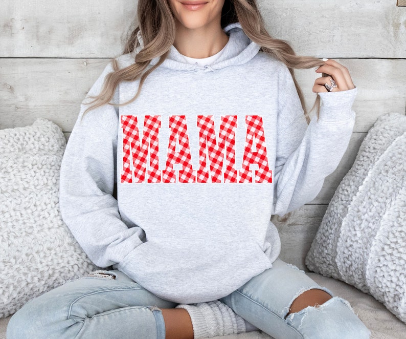 Red and White Gingham Mama Hoody, Unisex Sweatshirt Hoodie, Casual plaid words Big Bubble letters, spring summer vibes, picnic blanket image 2