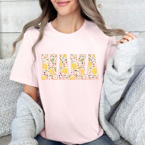 Lemon MAMA Unisex Jersey Short Sleeve Tee, Casual attire t shirt spring pattern letters, peach pink flowers, citrus & leaves, Mom gift idea Soft Pink