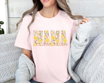 Lemon MAMA Unisex Jersey Short Sleeve Tee, Casual attire t shirt spring pattern letters, peach pink flowers, citrus & leaves, Mom gift idea