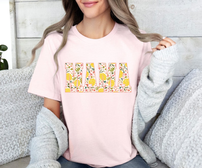 Lemon MAMA Unisex Jersey Short Sleeve Tee, Casual attire t shirt spring pattern letters, peach pink flowers, citrus & leaves, Mom gift idea Soft Pink