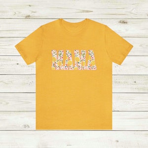 Lemon MAMA Unisex Jersey Short Sleeve Tee, Casual attire t shirt spring pattern letters, peach pink flowers, citrus & leaves, Mom gift idea Heather Yellow Gold