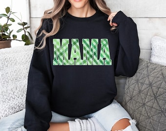 Green Plaid MAMA Sweatshirt, Unisex Long Sleeve top, Casual top with spring summer theme, picnic blanket fabric, Mom gift idea