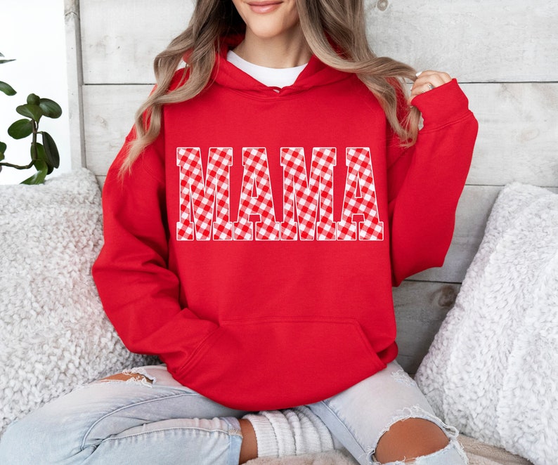 Red and White Gingham Mama Hoody, Unisex Sweatshirt Hoodie, Casual plaid words Big Bubble letters, spring summer vibes, picnic blanket image 1