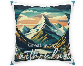 Free US shipping, Great is Thy Faithfulness Broadcloth Pillow, Christian home decor for living room, Mountain scenery, Gods Creation