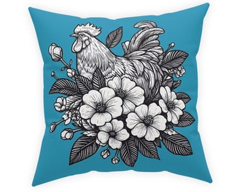 Free US shipping, Chicken Floral Bouquet Turquoise Blue Broadcloth Pillow, black and white subtle barnyard rustic theme decor