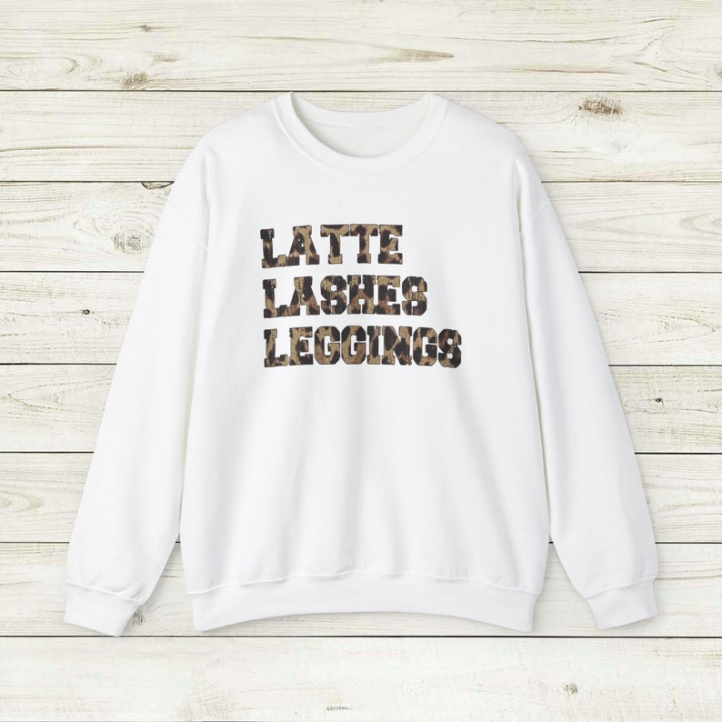 Latte Lashes Leggings Sweatshirt, Crewneck Unisex, Trendy Leopard print chic women's style, eyelashes coffee comfy clothes, daily wear tee White