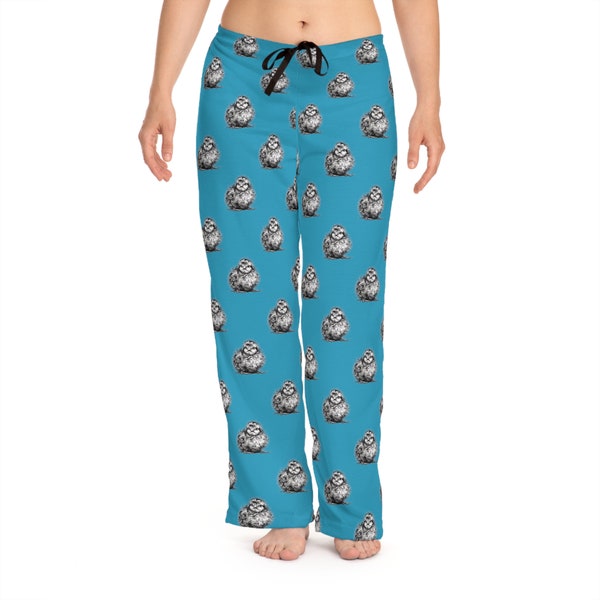 Frizzle Chicken Turquoise Blue Women's Pajama Pants, Jersey knit, Mama outerwear, gathering eggs outfit, gardening in pajamas and slippers