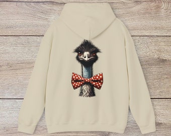 Emmett the Emu Unisex Hooded Sweatshirt, Double sided, back print emu bird with polka dot bowtie, Front "how Emusing" phrase, funny animals