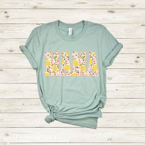 Lemon MAMA Unisex Jersey Short Sleeve Tee, Casual attire t shirt spring pattern letters, peach pink flowers, citrus & leaves, Mom gift idea Heather Prism Dusty Blue