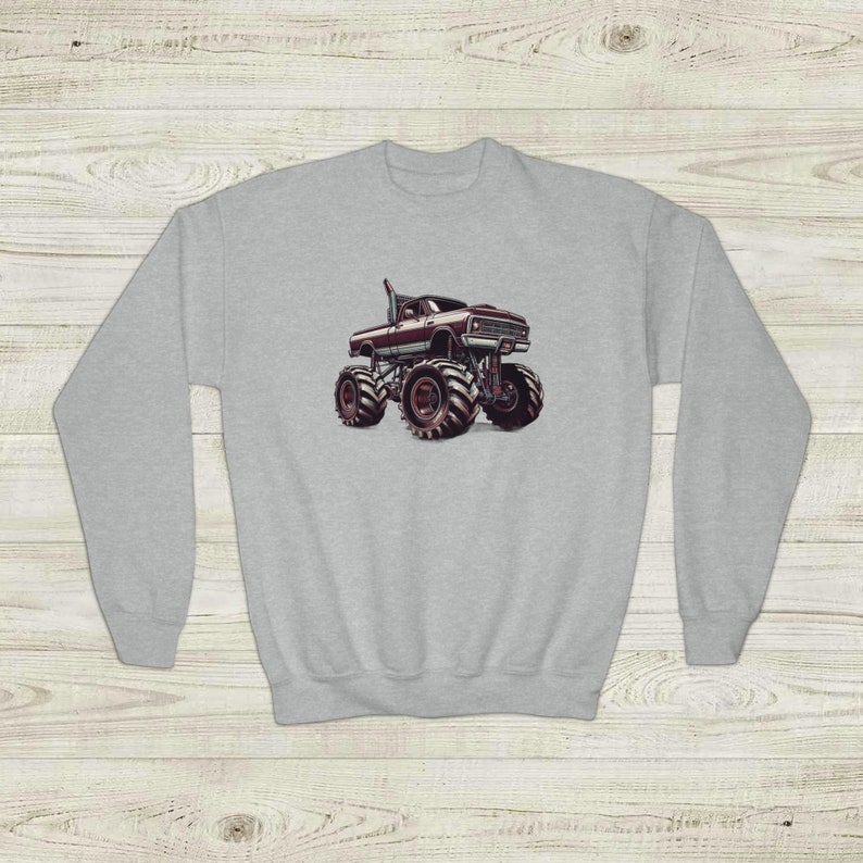 Monster Truck Sweatshirt, Unisex Youth Crewneck, BigFoot loving kid, gift idea from grandparents, daily casual wear children, Youth sizing image 8