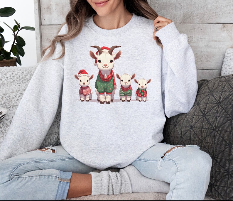 Merry Goats Unisex Crewneck Sweatshirt, Christmas party barnyard farm,hats and ugly christmas knit sweaters, cute animals winter themed image 1
