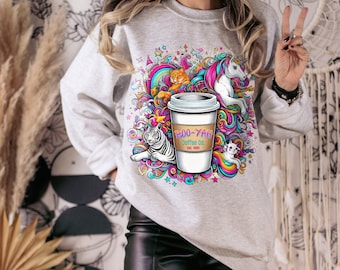 Boo-ya Coffee Co Unisex Heavy Blend Crewneck Sweatshirt, 90's Millennial Child, colorful Rainbow art, with cat, unicorn, tiger and stars