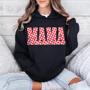 Red and White Gingham Mama Hoody, Unisex Sweatshirt Hoodie, Casual plaid words Big Bubble letters, spring summer vibes, picnic blanket image 4