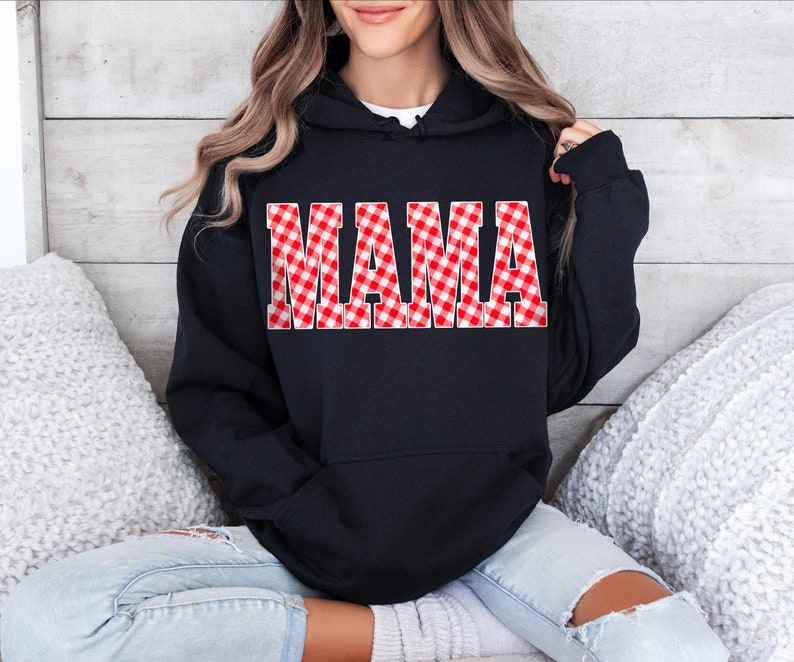 Red and White Gingham Mama Hoody, Unisex Sweatshirt Hoodie, Casual plaid words Big Bubble letters, spring summer vibes, picnic blanket image 4