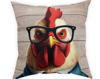 Free US shipping, Rooster Broadcloth Pillow, chicken wearing glasses, funny bedroom or living room accent, watching you, humor